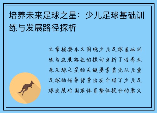 培养未来足球之星：少儿足球基础训练与发展路径探析