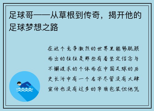 足球哥——从草根到传奇，揭开他的足球梦想之路