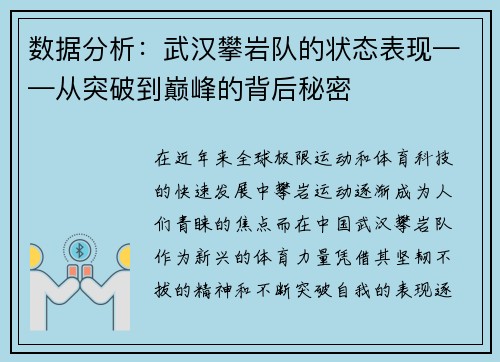 数据分析：武汉攀岩队的状态表现——从突破到巅峰的背后秘密