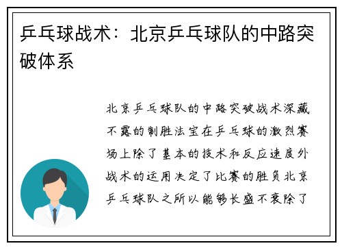 乒乓球战术：北京乒乓球队的中路突破体系