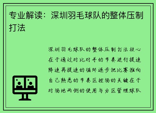 专业解读：深圳羽毛球队的整体压制打法
