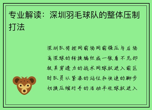 专业解读：深圳羽毛球队的整体压制打法